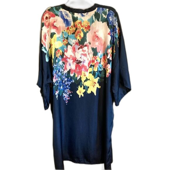 SOLD Johnny Was Malani 100% Silk Floral Print Long Kimono Tunic Navy Blue Size M - Picture 12 of 16